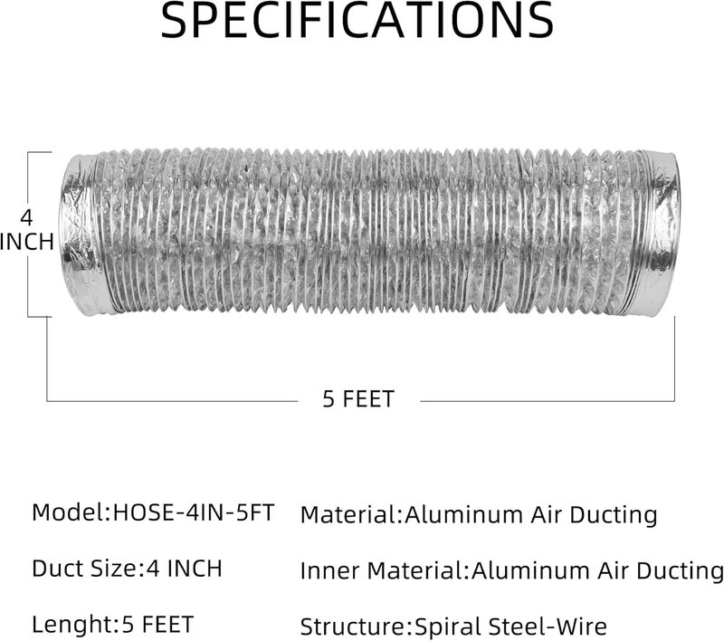 HYDROWE Dryer Vent Hose Flexible PVC Aluminum Foil Ducting Dryer Vent Hose for HVAC Ventilation with 2 Clamps (4in 5ft Silver) - Image 5